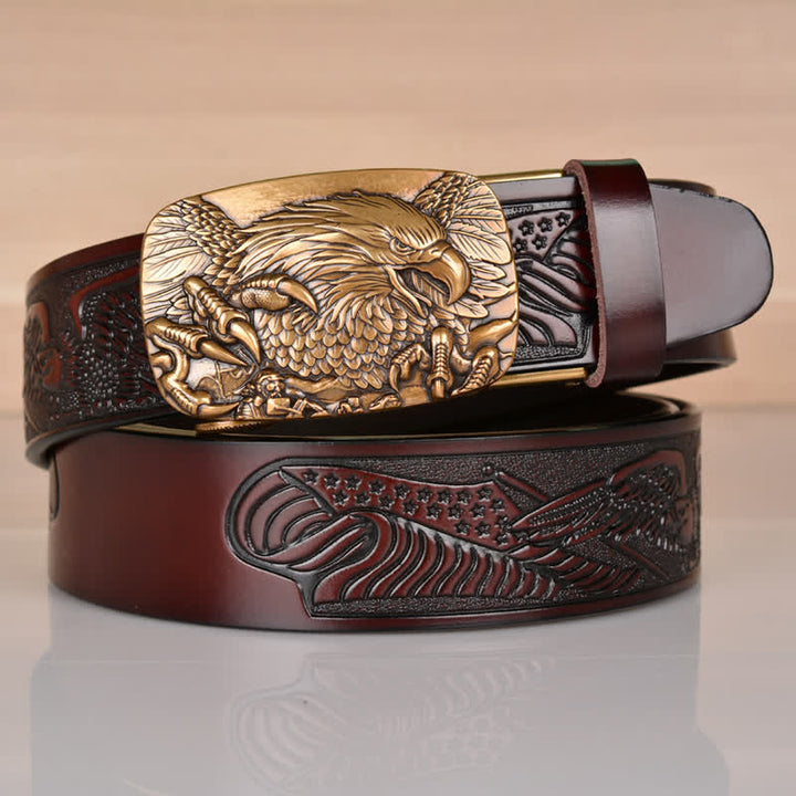 Men's Mighty Eagle Sharp Claw Automatic Buckle Leather Belt - Coffee / Gold - 46 - image 18