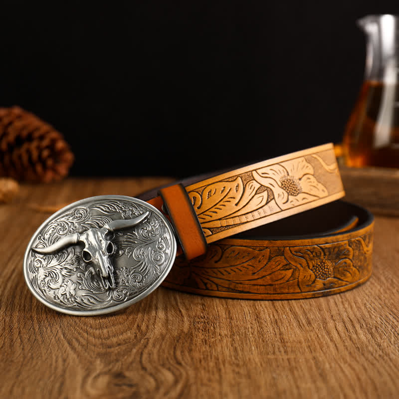 Men's Vintage Floral Longhorn Bull Leather Belt - Yellowish-Brown / Silver - 42 - image 0