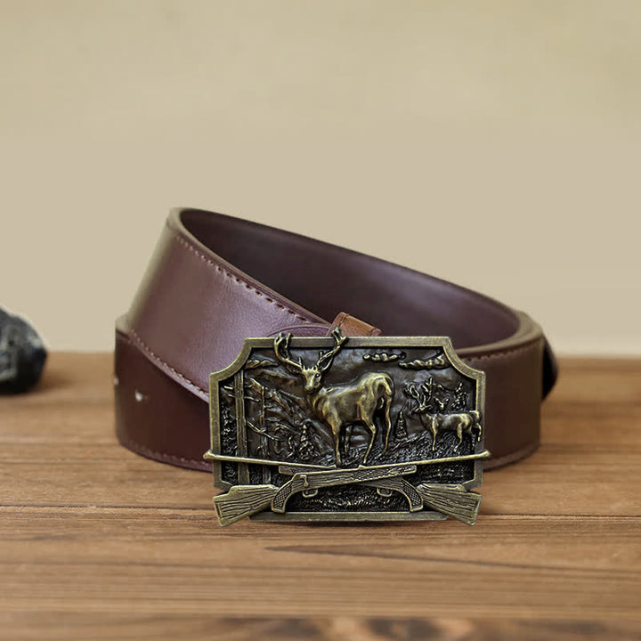 Men's DIY Deer Shotgun Hunter Buckle Leather Belt - Antique Bronze - Brown PU Belt (40) - image 11