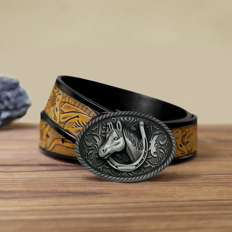 Men's DIY Antique Silver Horseshoe Buckle Leather Belt - Horseshoe - SandyBrown Belt (40) - image 13