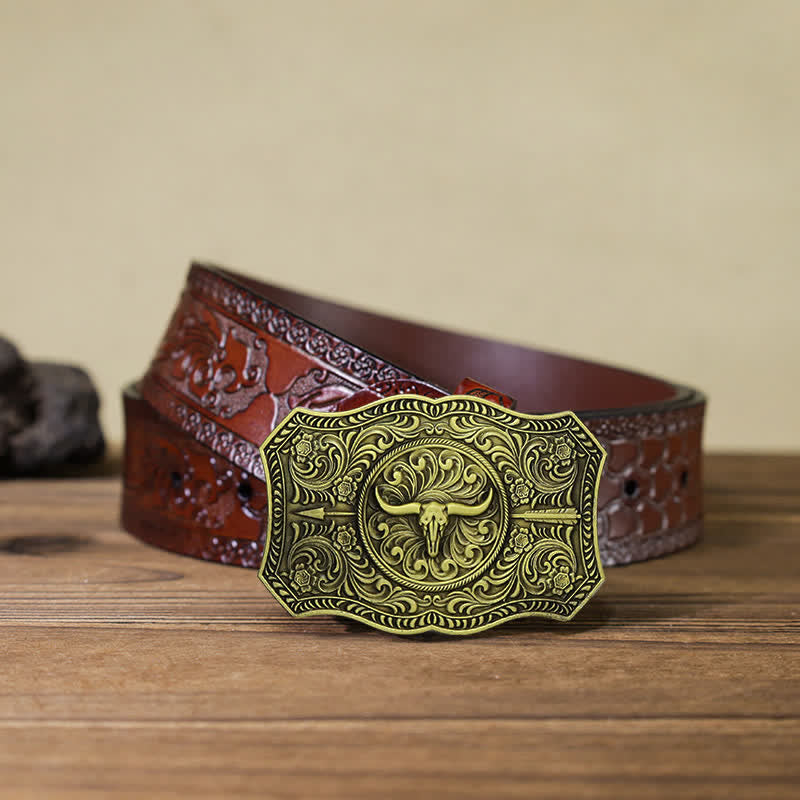 Men's DIY Long Horn Bull Arrow Buckle Leather Belt - Antique Bronze - Brown Carved Belt (40) - image 19