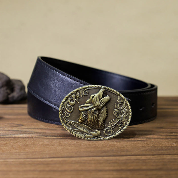 Men's DIY Howling Wolf Head Buckle Leather Belt - Antique Gold - Black PU Belt (40) - image 6