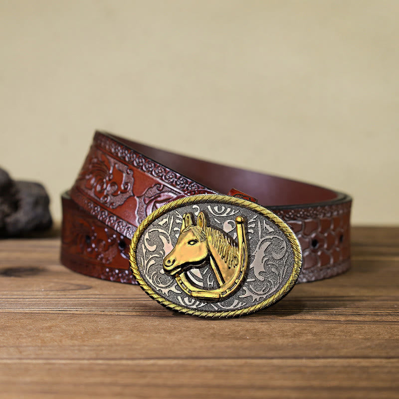 Men's DIY Golden Horseshoe Buckle Leather Belt - Horseshoe - Brown Carved Belt (40) - image 10