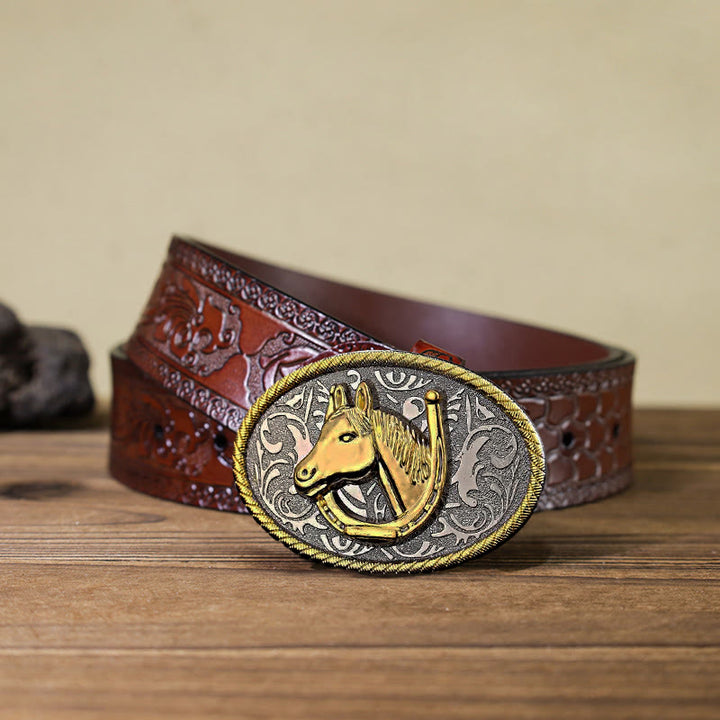 Men's DIY Golden Horseshoe Buckle Leather Belt - Horseshoe - Brown Carved Belt (40) - image 10
