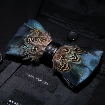 Kid's Green & Brown Vintage Feather Bow Tie with Lapel Pin - image 1