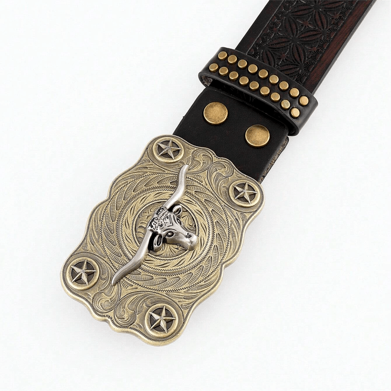 Men's Longhorn Bull Head Studded Decor Leather Belt - image 1