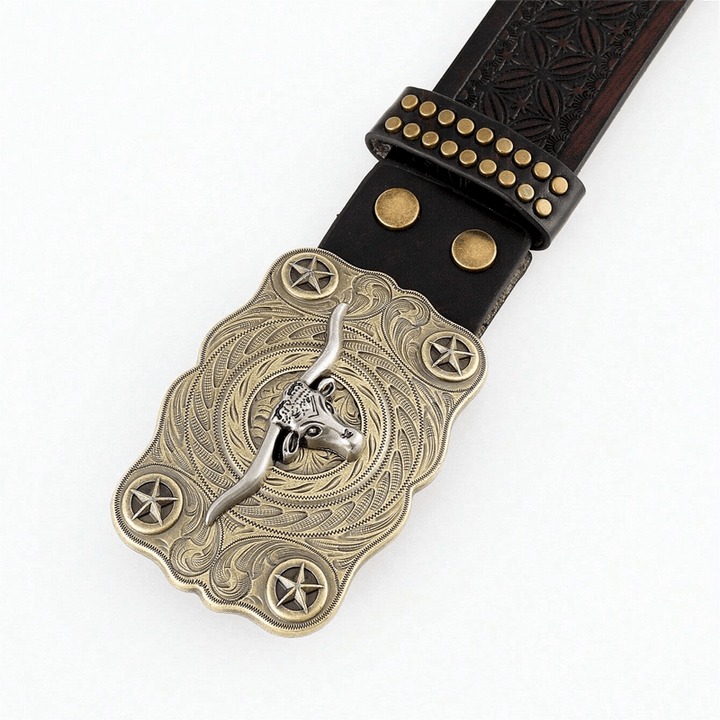 Men's Longhorn Bull Head Studded Decor Leather Belt - image 1