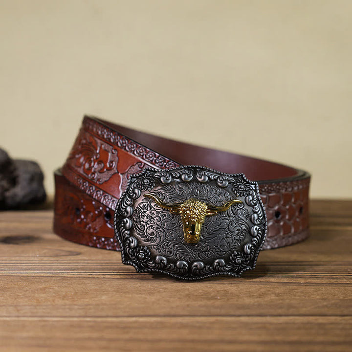 Men's DIY Longhorn Bull Antiqued Silver Buckle Leather Belt - Gold - Brown Carved Belt (40) - image 15