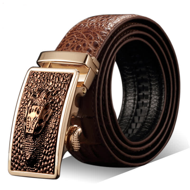 Men's Exotic Alligator Head Buckle Leather Belt - Brown - 44 - image 0