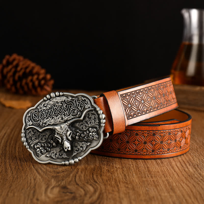 Men's Cowboy Gothic Skull Bull Leather Belt - Style #1 - 42 - image 0