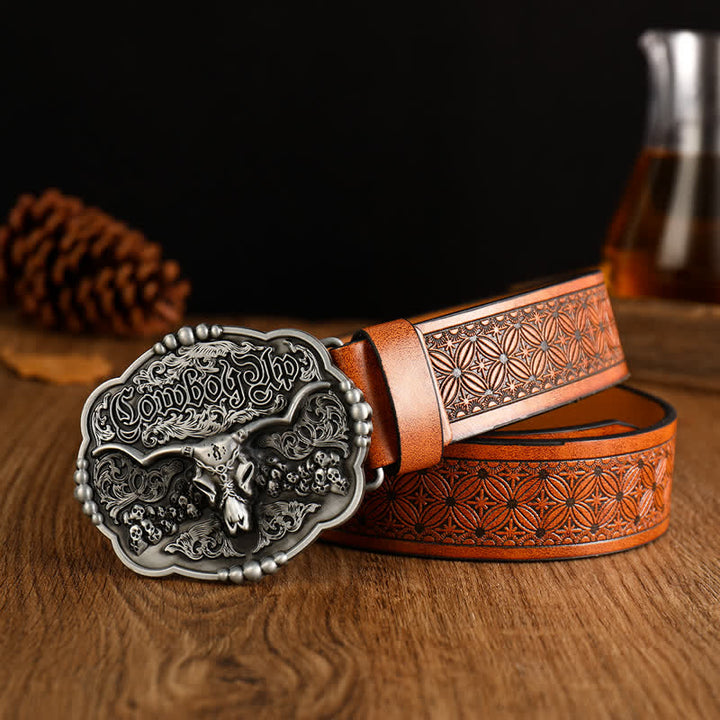Men's Cowboy Gothic Skull Bull Leather Belt - Style #1 - 42 - image 0