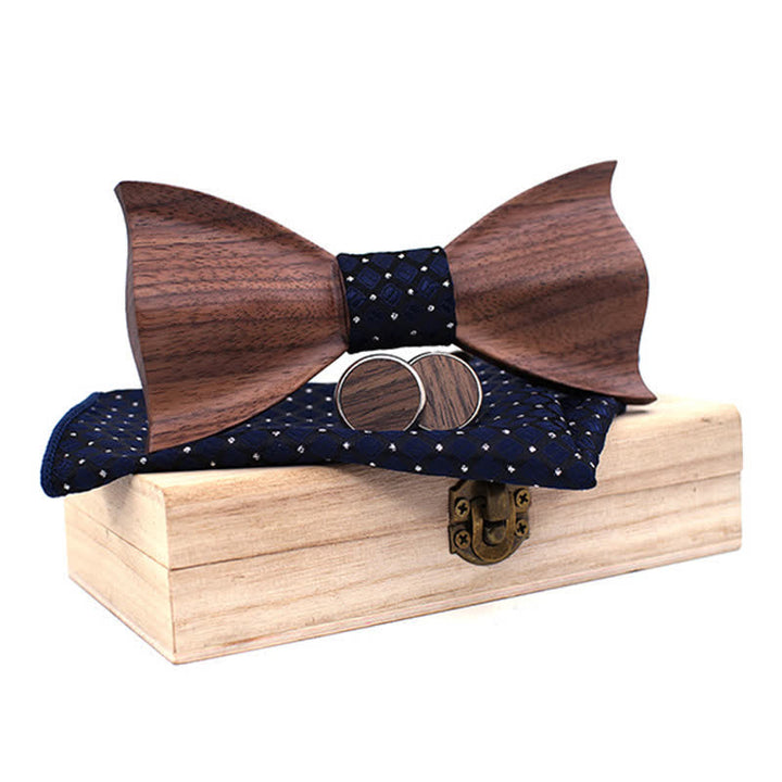 3Pcs Men's 3D Black Walnut Wooden Bow Tie Set - MidnightBlue - image 10