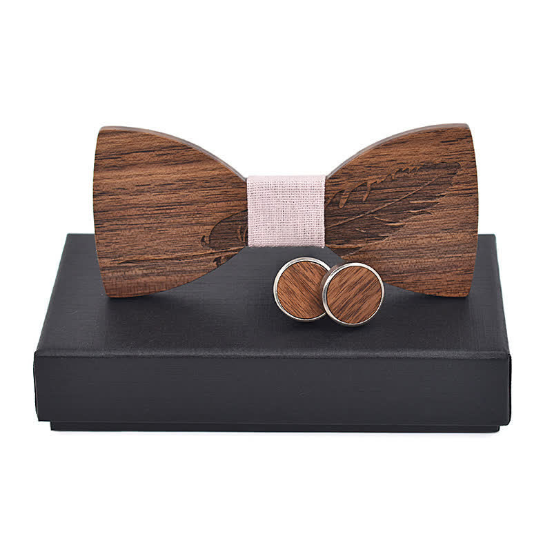2Pcs Men's Feather Engraving Wooden Bow Tie Set - LightPink - image 10