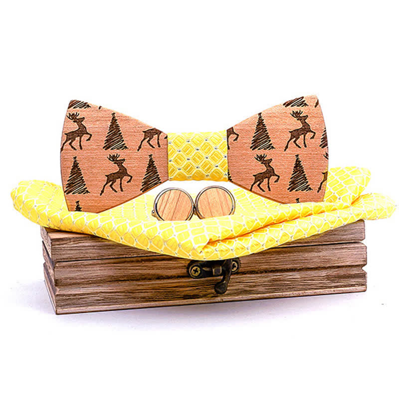 3Pcs Men's Christmas Tree Deer Pattern Wooden Bow Tie Set - Yellow - image 9