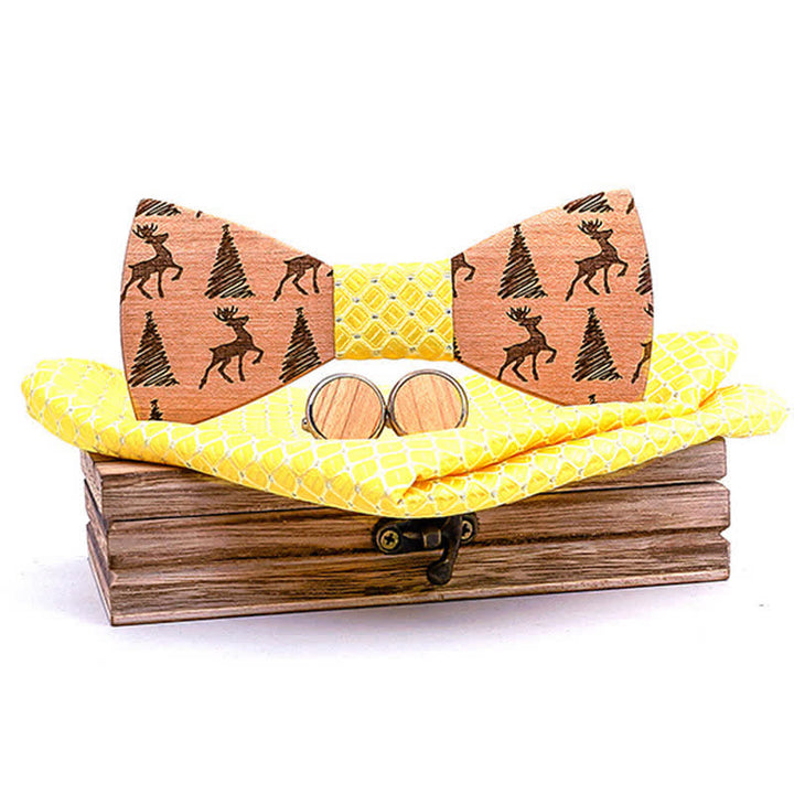 3Pcs Men's Christmas Tree Deer Pattern Wooden Bow Tie Set - Yellow - image 9