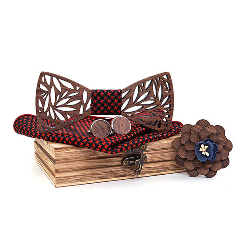 4pcs Men's Hollow Leaf Wooden Bow Tie Set - Red - image 14