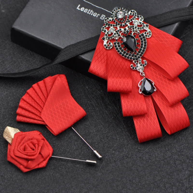 3Pcs Plaid Black Rhinestone Bow Tie Set - Red Lattice - image 5