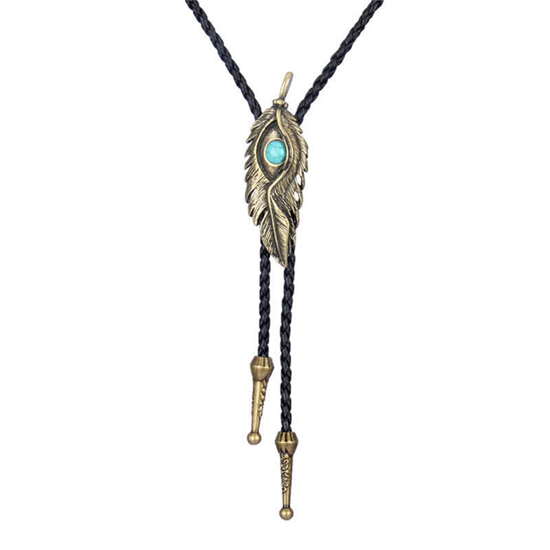 Blue Turquoise Stone Inlay Feather Shape Bolo Tie - Antique Gold - image 0