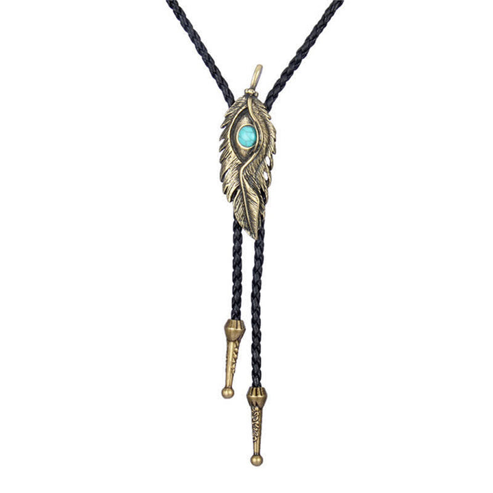 Blue Turquoise Stone Inlay Feather Shape Bolo Tie - Antique Gold - image 0