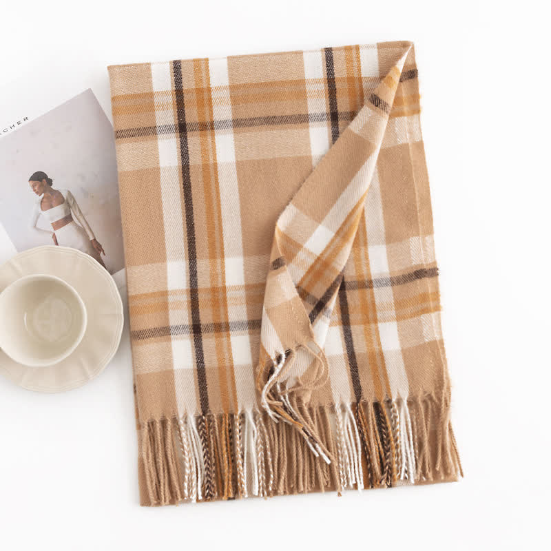 Women's Versatile British Checked Fringe Scarf - Yellowish-brown - image 11