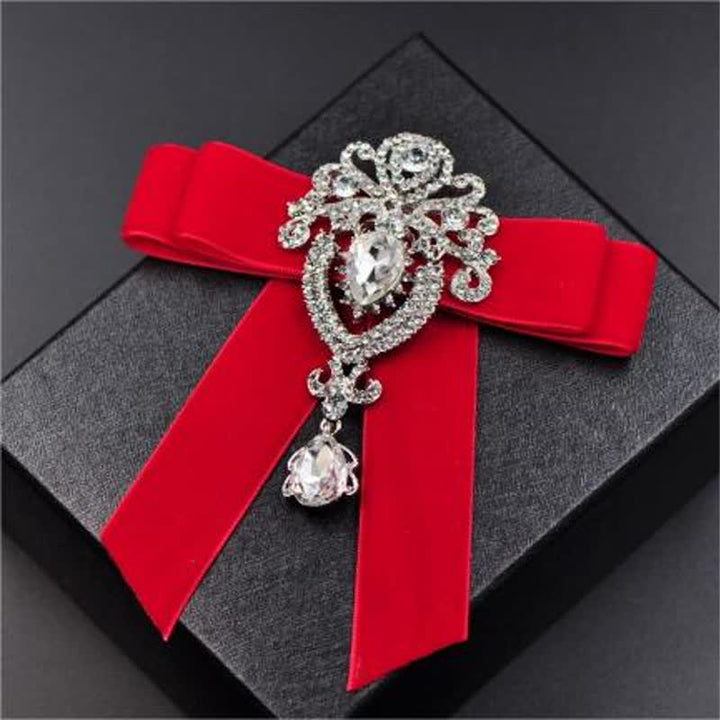 2Pcs Royal Rhinestone Brooch Velvet Bow Tie Set - Red - image 6
