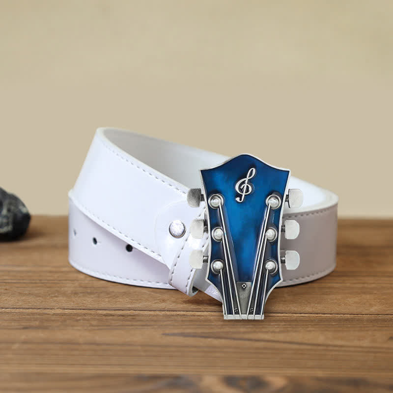 Men's DIY Musical Guitar Headstock Buckle Leather Belt - Blue - White PU Belt (40) - image 11