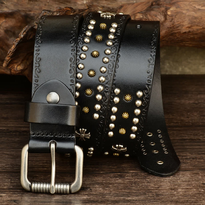 Unisex Rock Style Cross Rivet Studded Decor Belt - Black - 42 - image 9