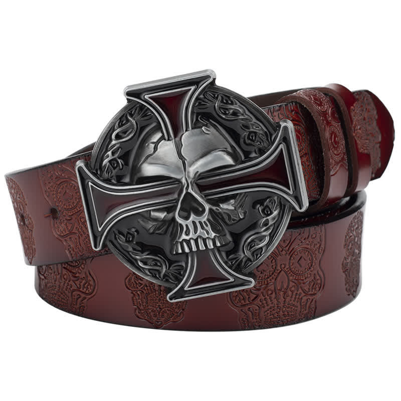Men's Cross Skull Embossed Pattern Leather Belt - Reddish-Brown / Silver - 46 - image 8