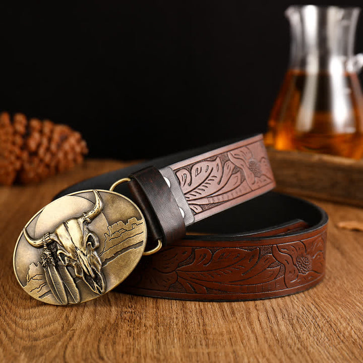 Men's Ethic Mad Bull Head Buckle Leather Belt - Coffee / Gold - 40 - image 4