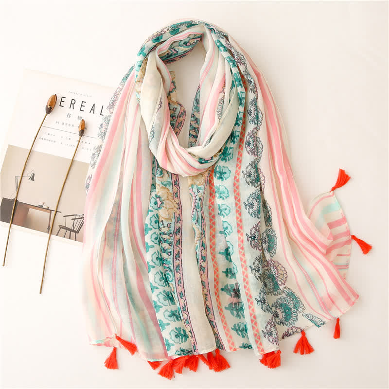 Women's Floral Soft Cape Wheat Fringe Scarf - Blue - image 9