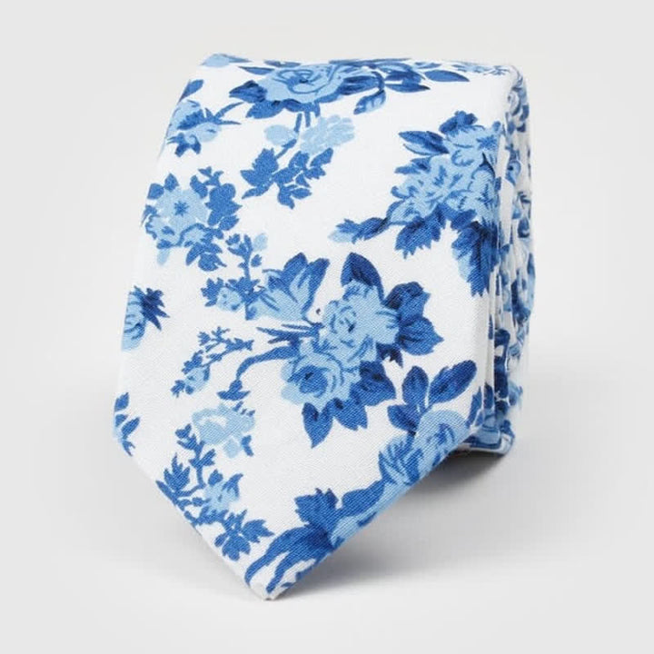 Men's Floral Printed Cotton Necktie - Blue & White - image 0