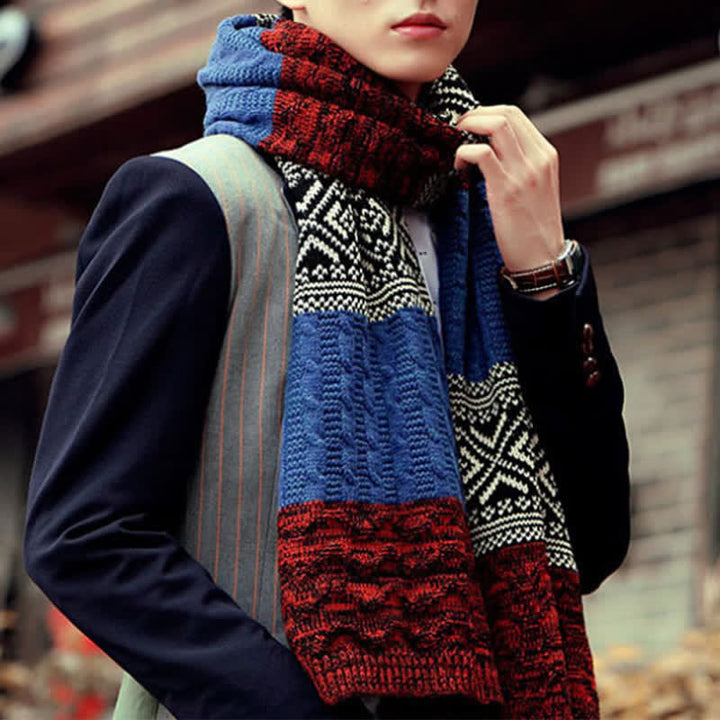 Men's Argyle Knitted Stitching Color Block Scarf - Blue - image 12