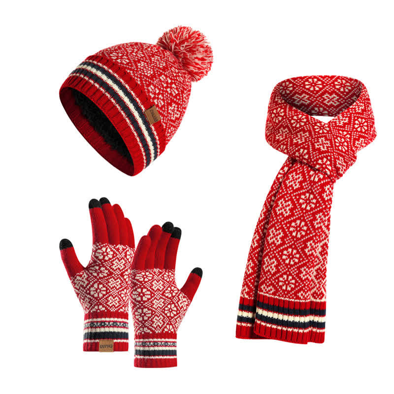 3Pcs Unisex Snowflake Hat Scarf Touchscreen Gloves Set - Red - Adjustable (22"-23 5/8") - image 13