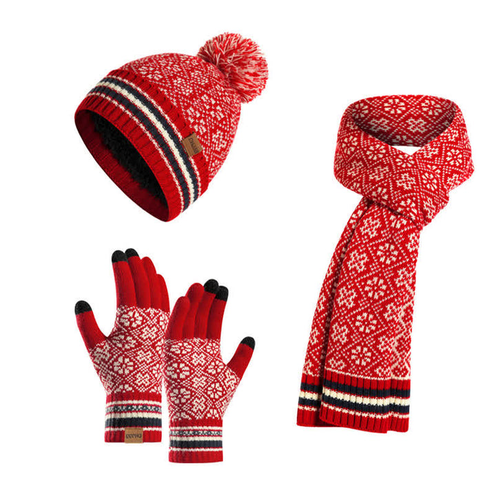 3Pcs Unisex Snowflake Hat Scarf Touchscreen Gloves Set - Red - Adjustable (22"-23 5/8") - image 13