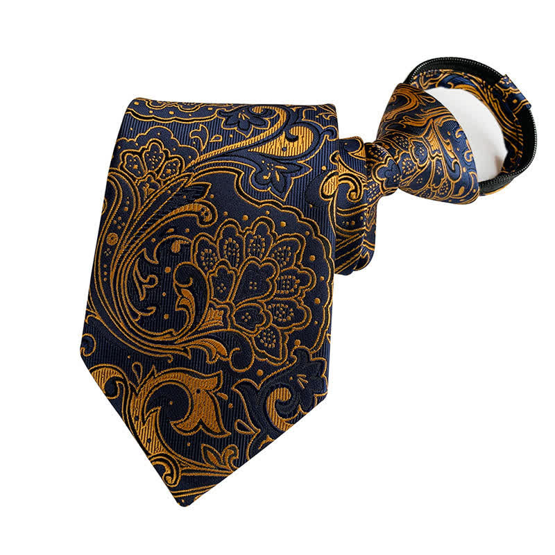 Men's Retro Paisley Zipper Tie Floral Necktie - Gold & Navy - image 8