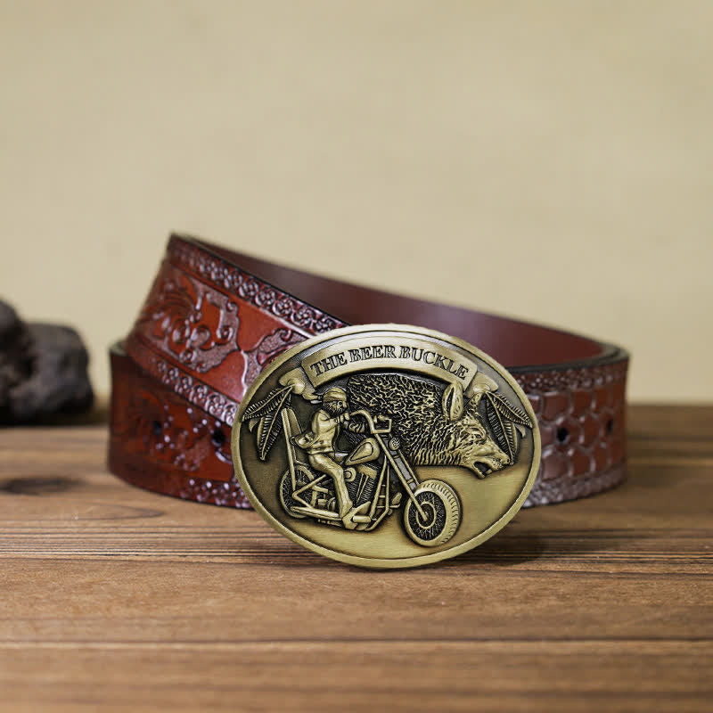 Men's DIY Motorcycle Creative Beer Holder Buckle Leather Belt - Bronze - Brown Carved Belt (40) - image 25
