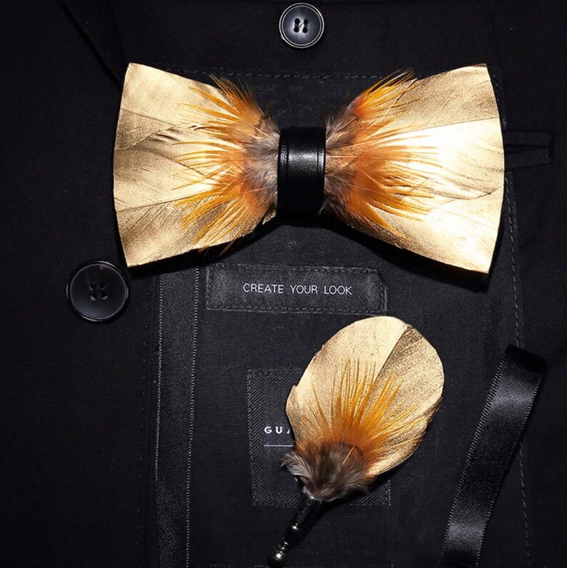 Gold & Tobacco Feather Bow Tie with Lapel Pin - Adult - image 0