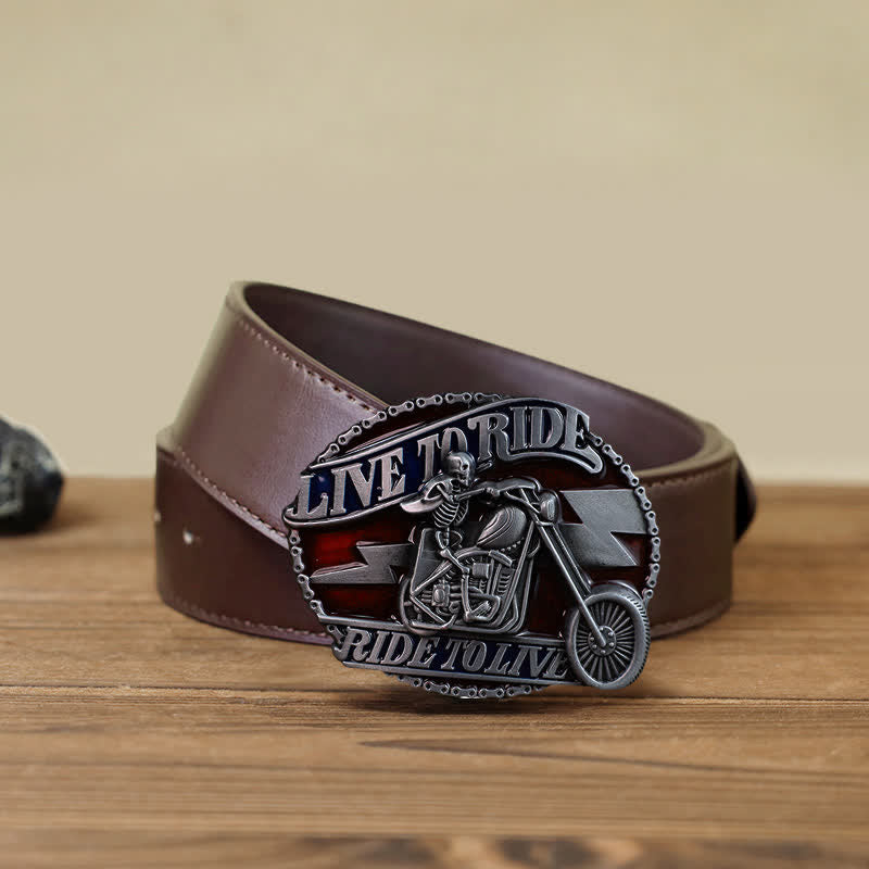 Men's DIY Skull Biker Live to Ride Buckle Leather Belt - Skull Biker - Brown PU Belt (40) - image 6