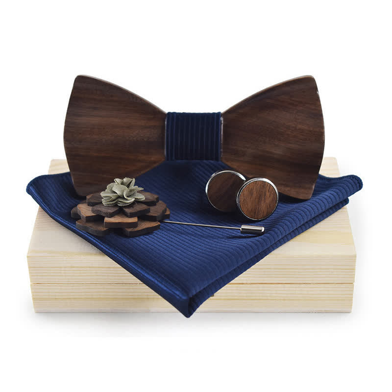 4Pcs Men's Vintage Black Wooden Bow Tie Set - Navy #2 - image 2