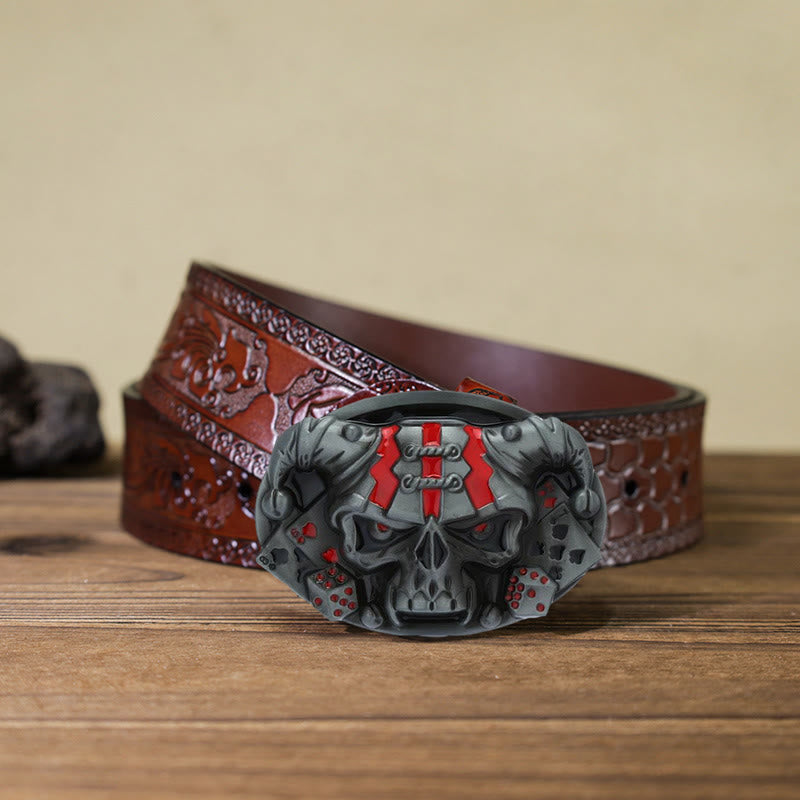 Men's DIY Skull Clown Joker Buckle Leather Belt - Antique Silver - Brown Carved Belt (40) - image 21