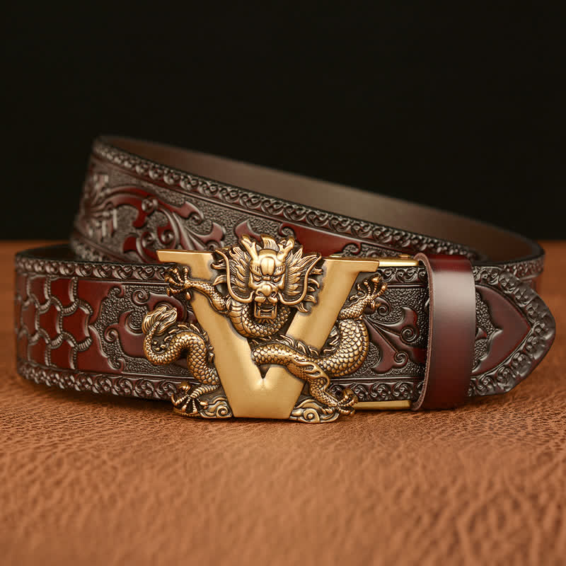 Men's Letter V Dragon Embossing Leather Belt - image 3