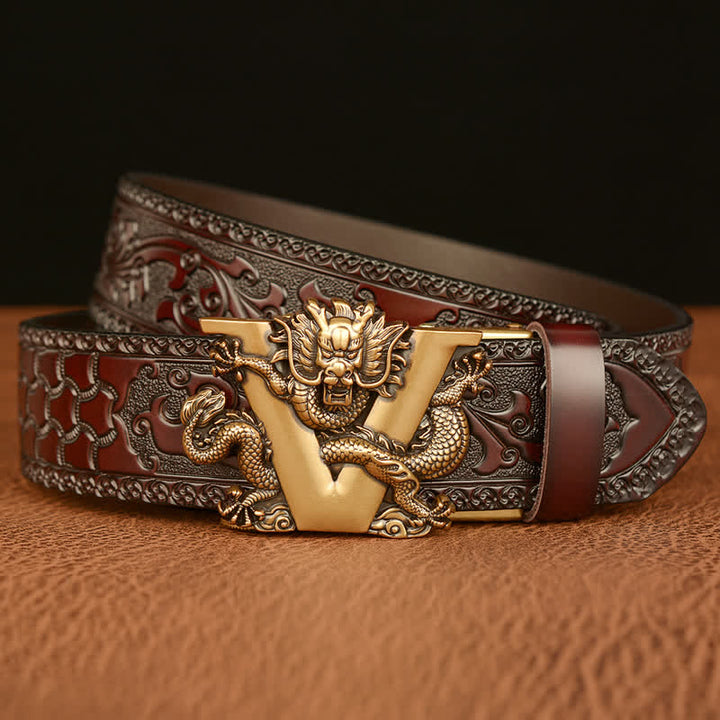 Men's Letter V Dragon Embossing Leather Belt - image 3