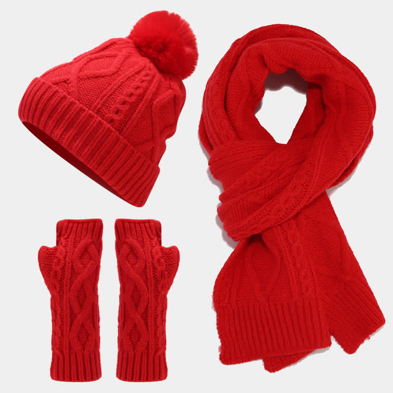 3Pcs Women's Cable Knitted Hat Scarf Fingerless Mittens Set - Red - Adjustable (22"-22 7/8") - image 16