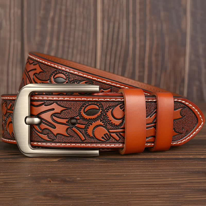 Men's Floral Embossed Pattern Leather Belt - image 2