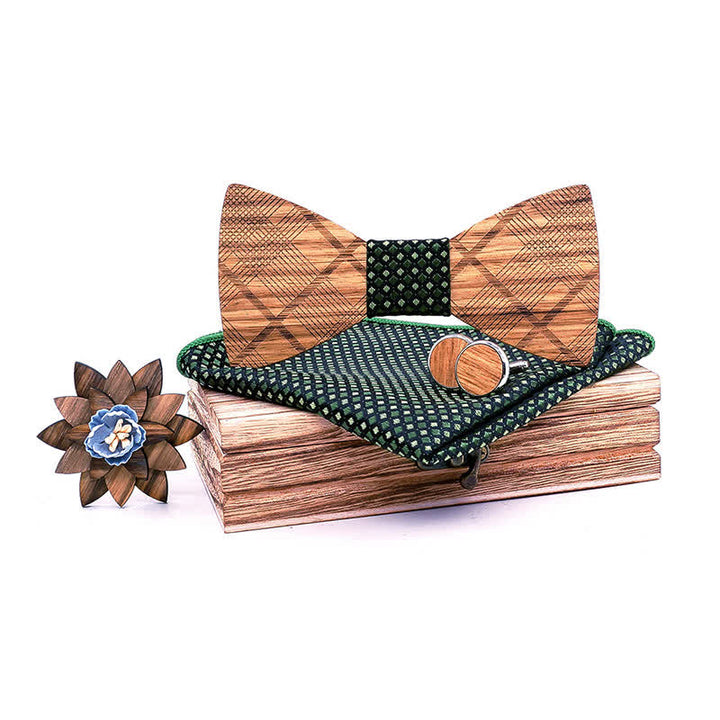 4Pcs Men's Classic Plaids Wooden Bow Tie Set - Green Checks - image 10