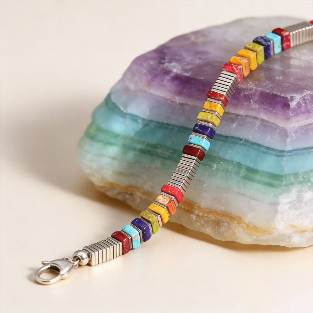 Vintage Boho Rectangle Multi‑color Emperor Stone Silver‑tone Link Bracelet - image 1