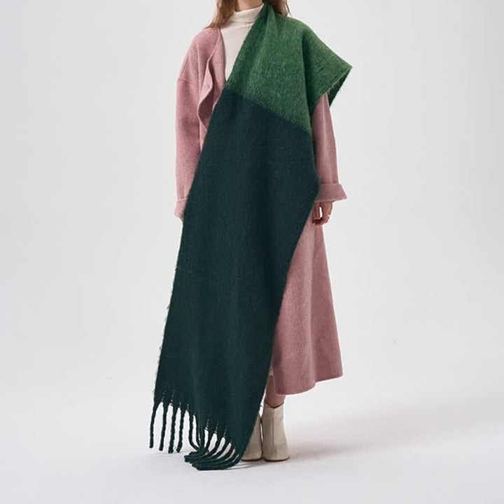 Women's Winter Simple Two-Tone Fringe Scarf - Dark Green - image 11