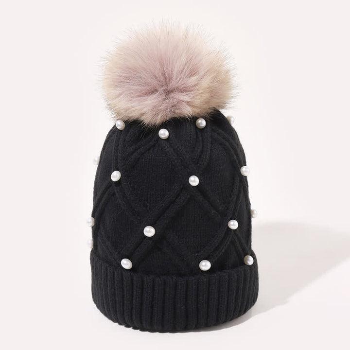 Women's Cute Pearls Deor Pompoms Stretchy Knitted Hat - image 9
