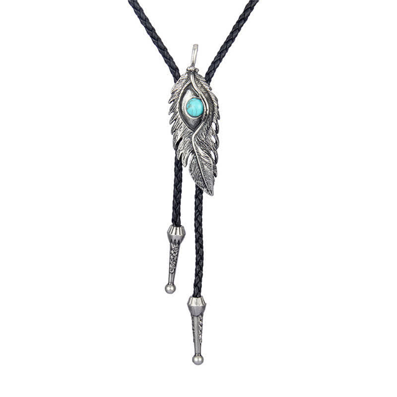 Blue Turquoise Stone Inlay Feather Shape Bolo Tie - Antique Silver - image 4