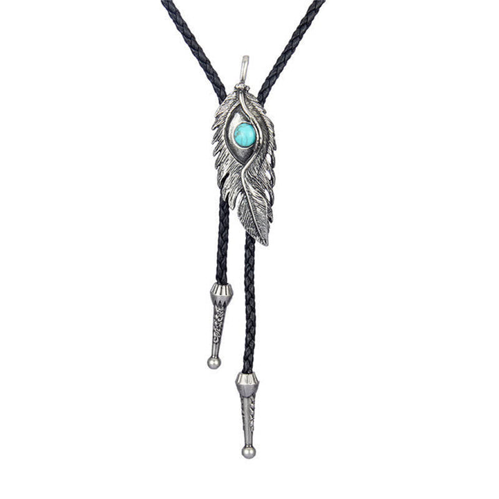 Blue Turquoise Stone Inlay Feather Shape Bolo Tie - Antique Silver - image 4